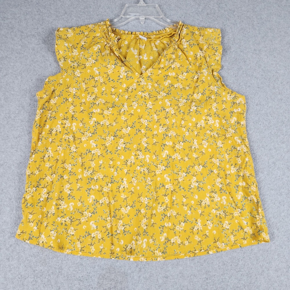 Old Navy Top Womens L Yellow Floral Cotton Gauze Sleeveless Ruffle Trim V-Neck